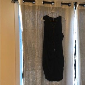 sexy ruched zipper up black fitted dress